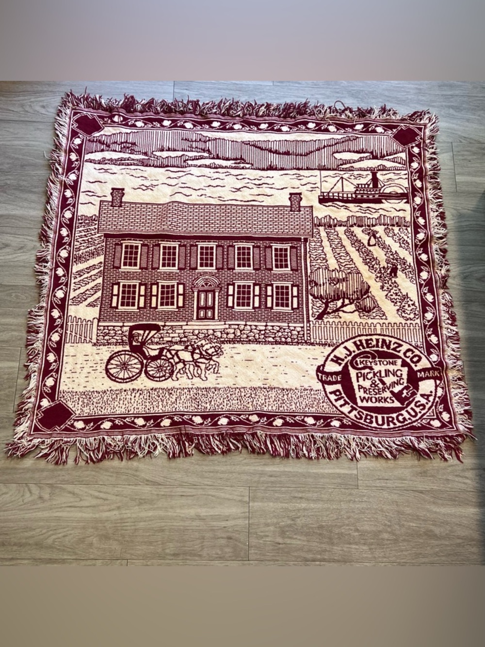 Vintage H.J. Heinz Woven Throw Blanket Keystone Pittsburgh PA Americana Tapestry